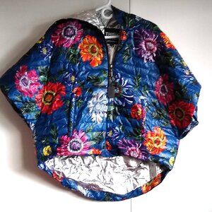BLUE cropped hi-low floral down poncho with hood NWT #2
